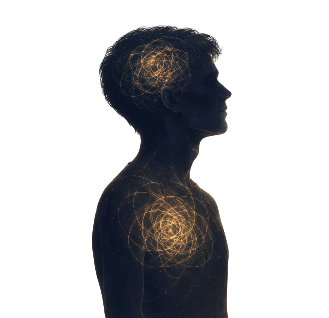 Silueta de una persona con nudos de luz en la cabeza y el pecho
